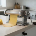 Machine à pâtes manuelle en inox laminant une feuille de pâte fraîche