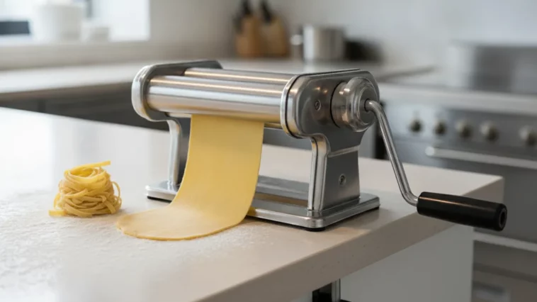 Machine à pâtes manuelle en inox laminant une feuille de pâte fraîche
