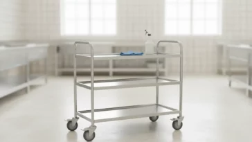 Chariot de service en inox avec chiffon microfibre et pulvérisateur de nettoyage
