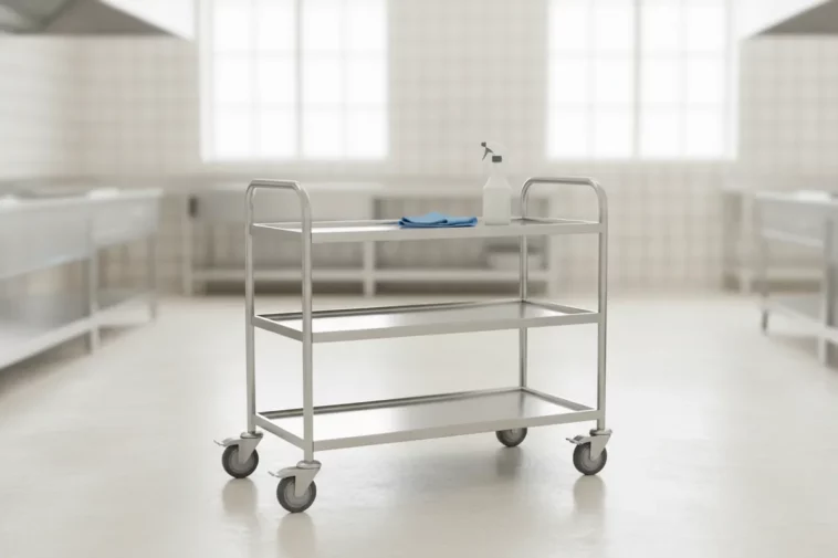 Chariot de service en inox avec chiffon microfibre et pulvérisateur de nettoyage