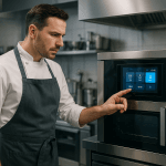 Chef professionnel examinant un four connecté dans une cuisine professionnelle moderne en 2025