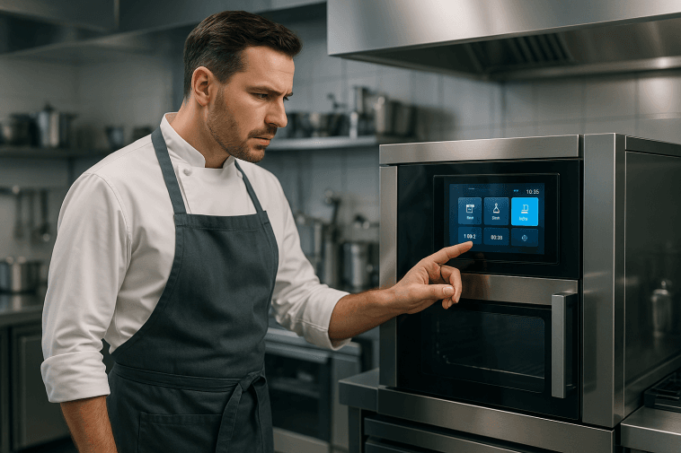 Chef professionnel examinant un four connecté dans une cuisine professionnelle moderne en 2025
