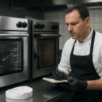 Chef professionnel comparant un four neuf et un four d’occasion en cuisine haut de gamme