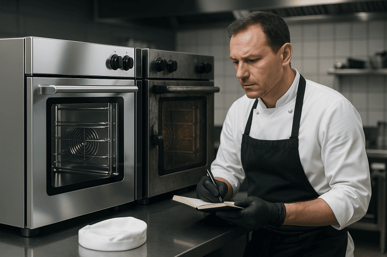 Chef professionnel comparant un four neuf et un four d’occasion en cuisine haut de gamme