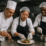 Trois chefs cuisiniers professionnels en pleine préparation gastronomique dans une cuisine moderne et équipée.