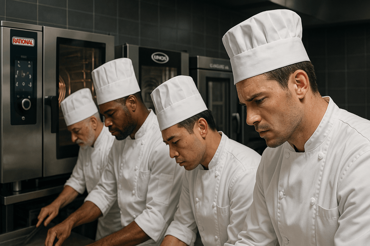 Fours professionnels de différentes marques dans une cuisine moderne avec des chefs en pleine préparation.