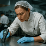 Chef femme examinant la propreté d’un plan de travail en cuisine pro avec détecteur, cuisine moderne, ambiance professionnelle.