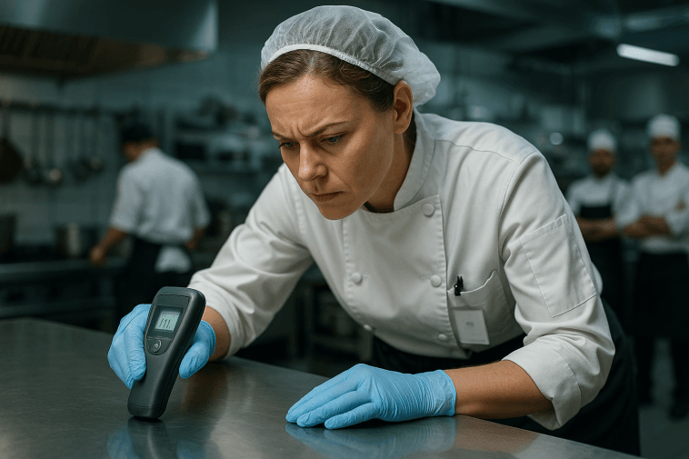 Chef femme examinant la propreté d’un plan de travail en cuisine pro avec détecteur, cuisine moderne, ambiance professionnelle.