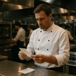 Chef consultant du matériel de cuisine flambant neuf dans la cuisine d’un restaurant, ambiance professionnelle dynamique
