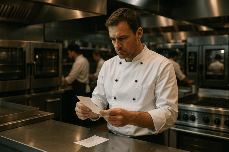 Chef consultant du matériel de cuisine flambant neuf dans la cuisine d’un restaurant, ambiance professionnelle dynamique