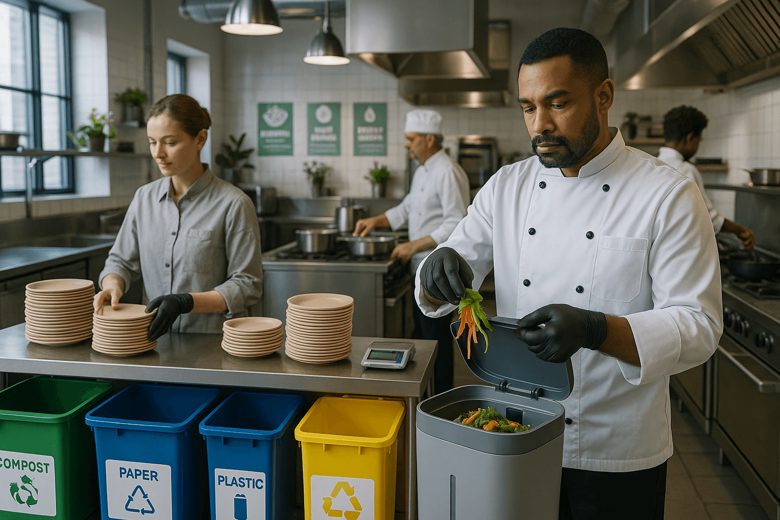 Cuisine de restaurant avec composteur, tri sélectif des déchets et vaisselle compostable, équipe engagée en pleine activité