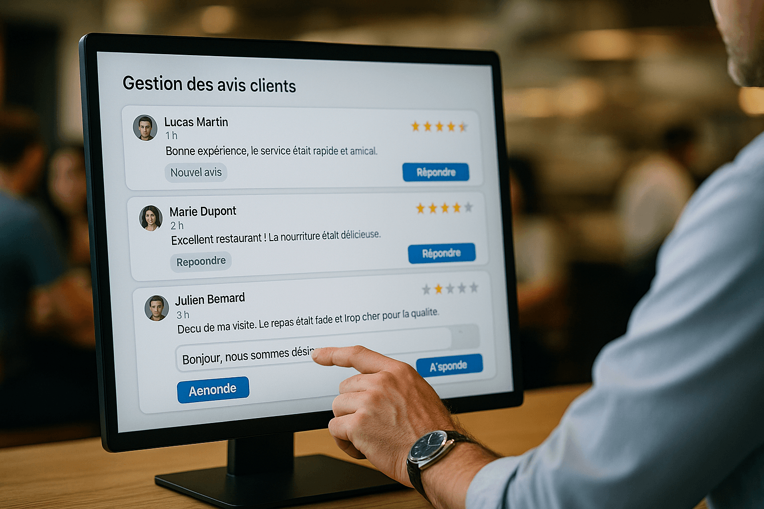 Gros plan sur un écran de gestion des avis clients dans un restaurant avec la main du manager en train de répondre