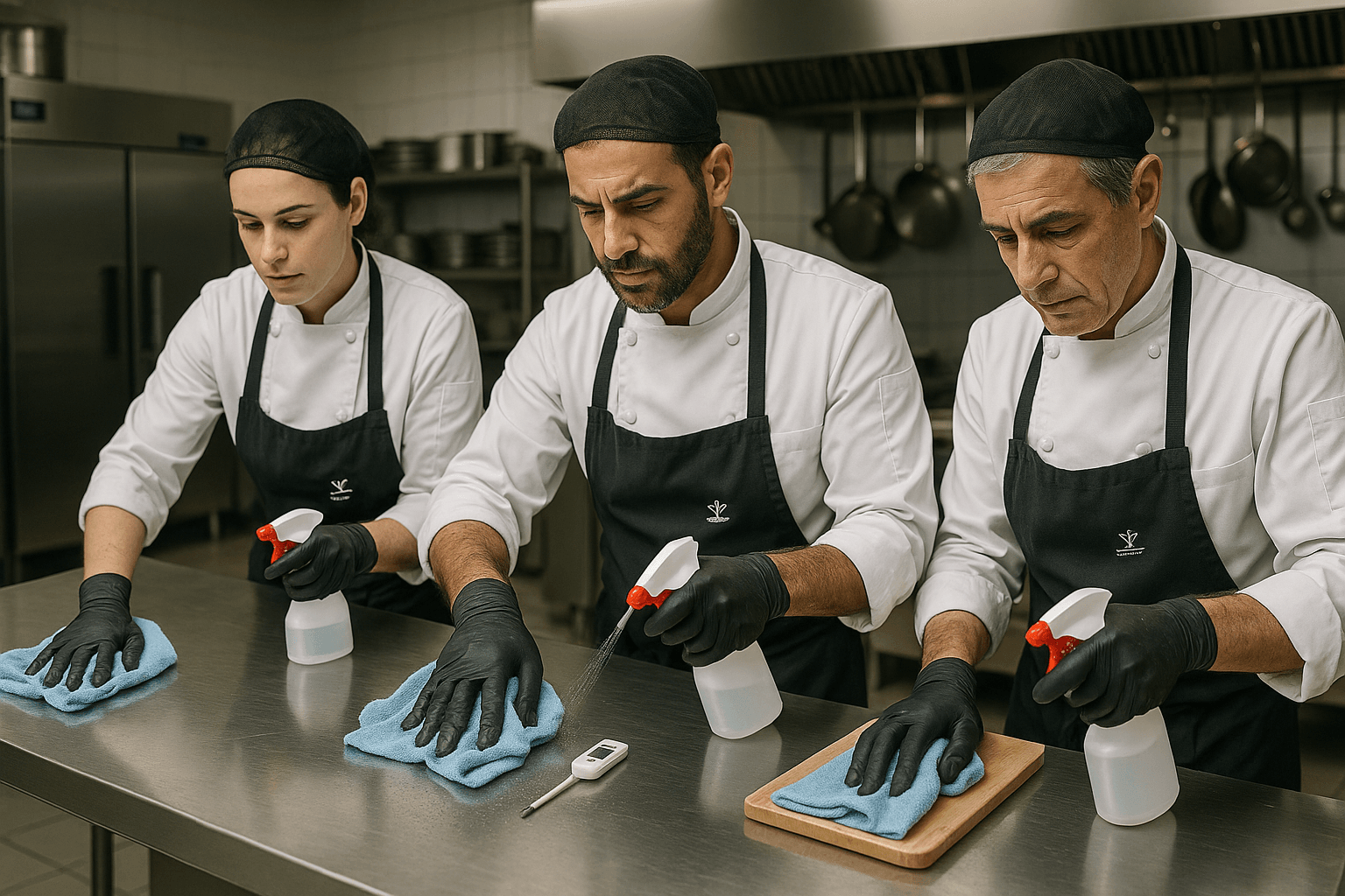 Brigade de cuisiniers nettoyant des plans de travail et planches dans une cuisine pro, désinfectant et ambiance rigoureuse.