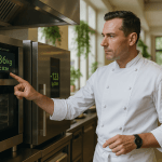 Chef de restaurant devant des équipements écologiques à économie d'énergie, cuisine professionnelle moderne en 2025
