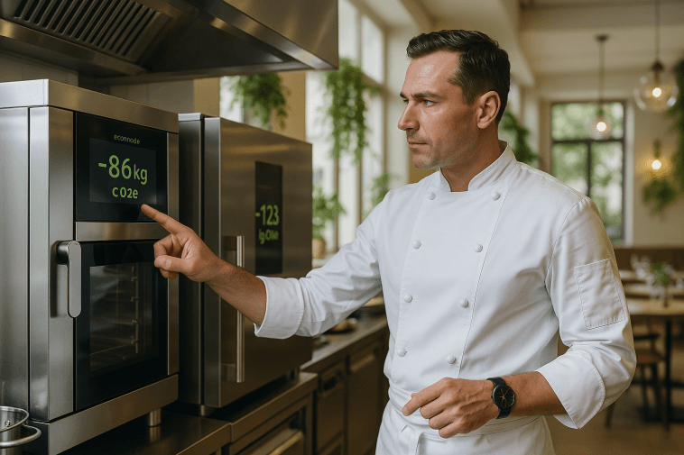 Chef de restaurant devant des équipements écologiques à économie d'énergie, cuisine professionnelle moderne en 2025