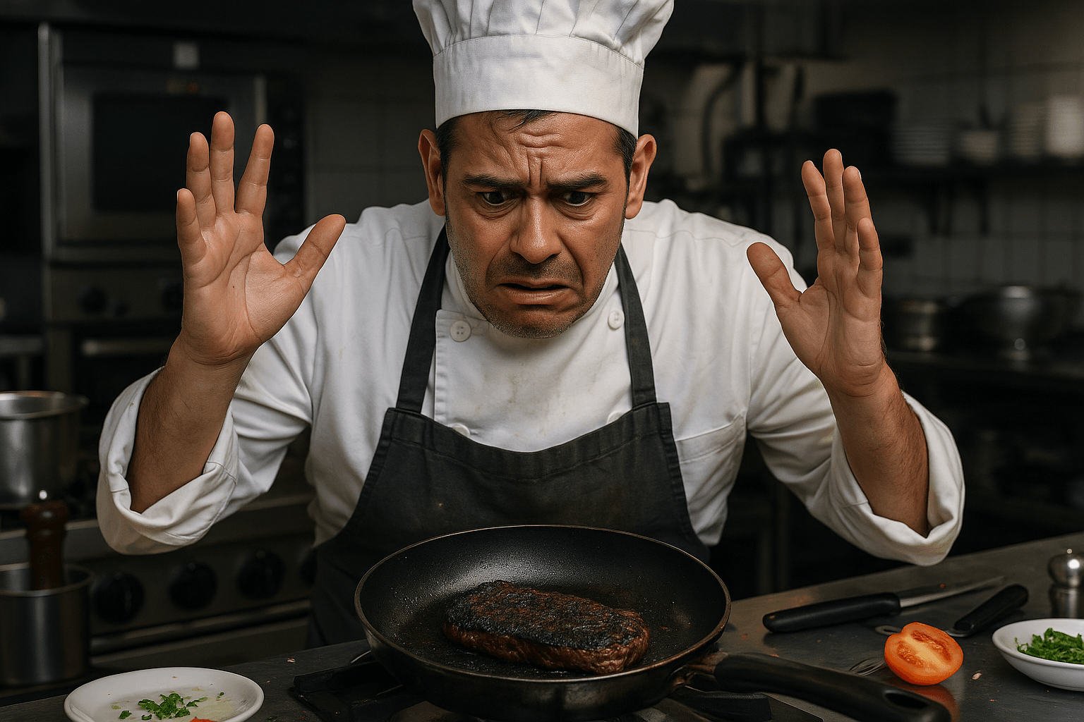 Chef professionnel agacé devant une poêle surchargée avec un steak brûlé dans une cuisine équipée.