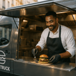 Food truck design urbain, chef souriant préparant un burger gourmet à travers le guichet, style photoréaliste 2025.