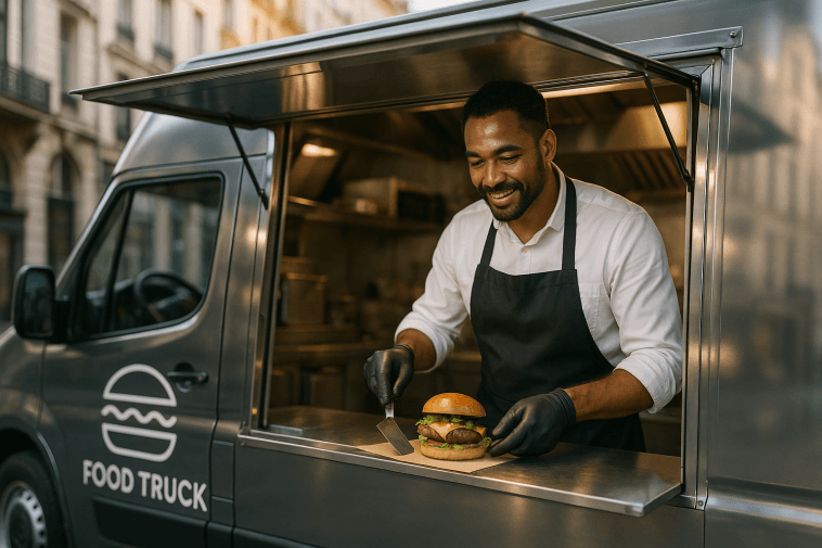 Food truck design urbain, chef souriant préparant un burger gourmet à travers le guichet, style photoréaliste 2025.