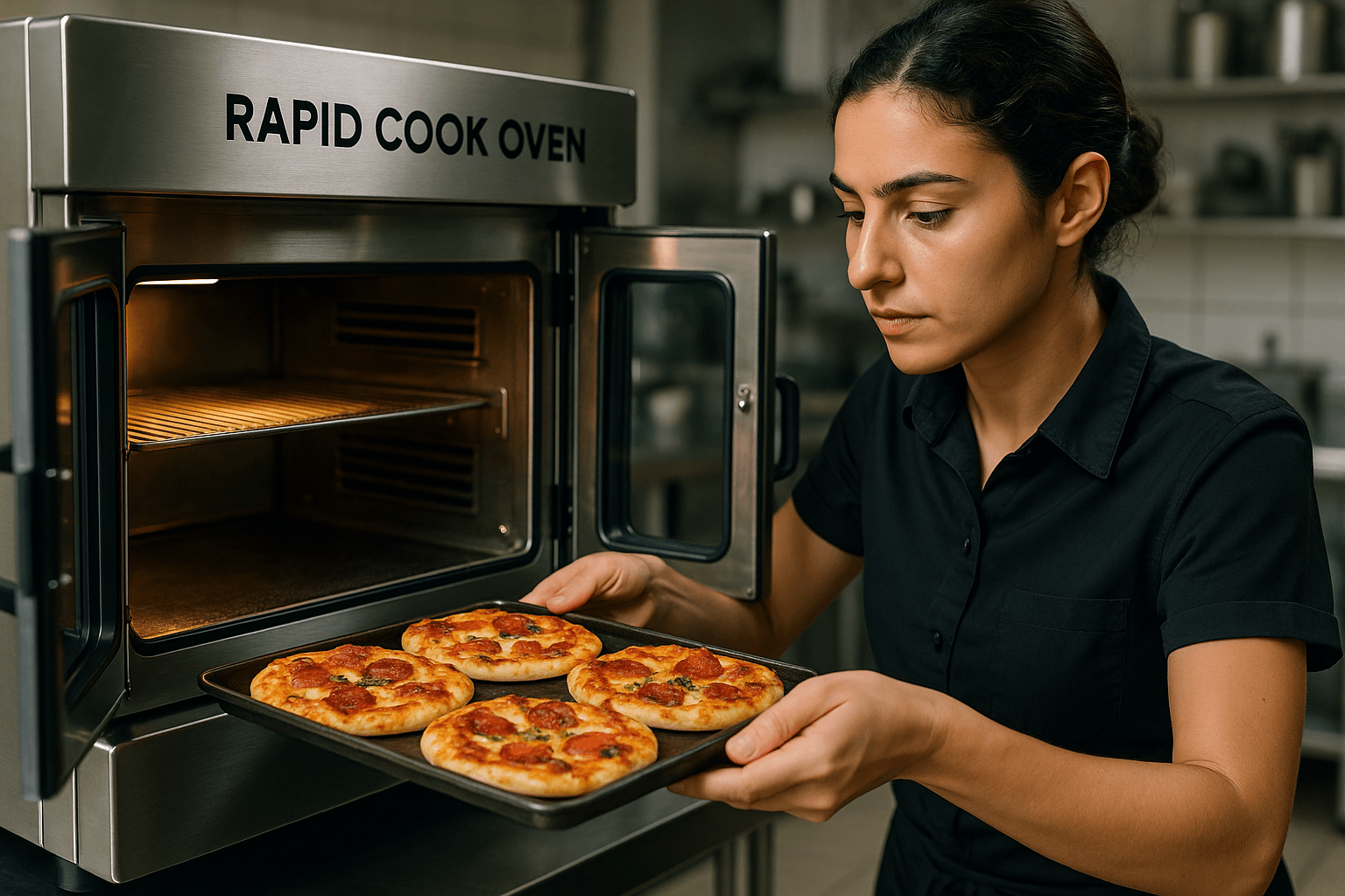 Serveuse concentrée retirant une plaque de pizzas d’un four à cuisson rapide dans une cuisine professionnelle moderne