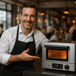 Restaurateur français présentant un four à cuisson rapide sur le comptoir d’une brasserie moderne en 2025
