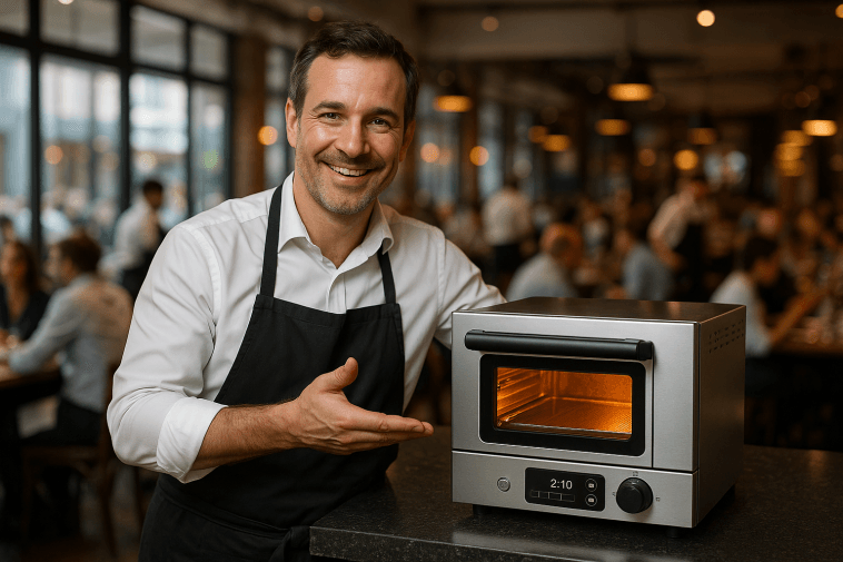 Restaurateur français présentant un four à cuisson rapide sur le comptoir d’une brasserie moderne en 2025