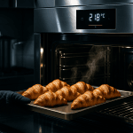 Four professionnel 2025 haut de gamme en action en cuisine avec plat de viennoiseries dorées et effets de vapeur.