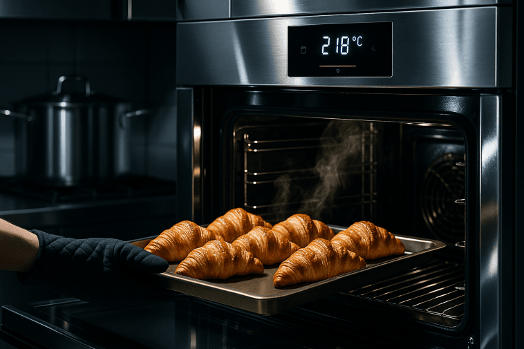 Four professionnel 2025 haut de gamme en action en cuisine avec plat de viennoiseries dorées et effets de vapeur.