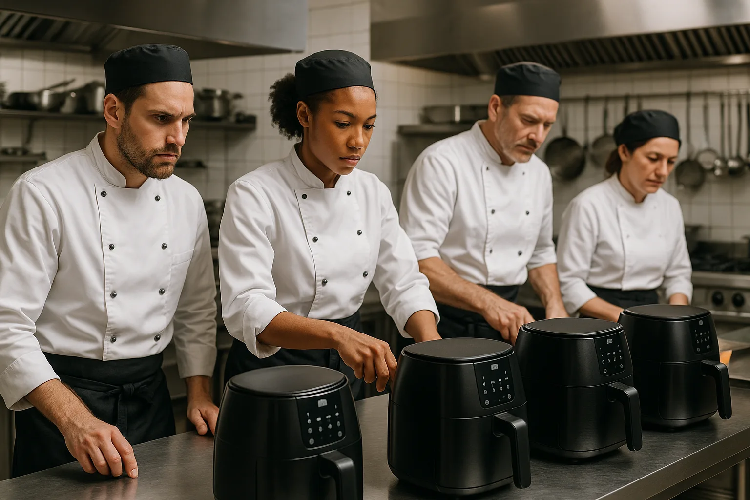 Brigade de cuisiniers autour de friteuses sans huile dans une cuisine professionnelle moderne