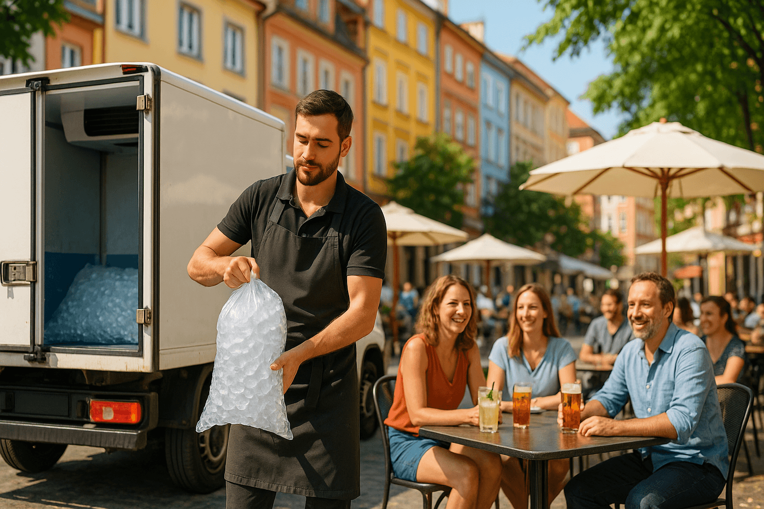 Serveur livrant des sacs de glaçons à une terrasse de bar animée en centre-ville sous le soleil.