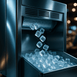 Machine à glaçons professionnelle en action dans un bar contemporain, la glace fraîchement produite tombe dans le réservoir, détails en acier inoxydable et jeux de lumière modernes.
