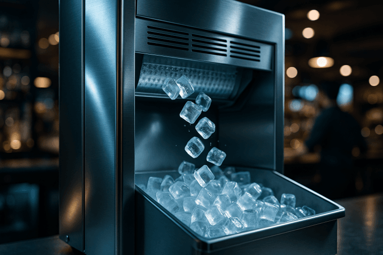 Machine à glaçons professionnelle en action dans un bar contemporain, la glace fraîchement produite tombe dans le réservoir, détails en acier inoxydable et jeux de lumière modernes.