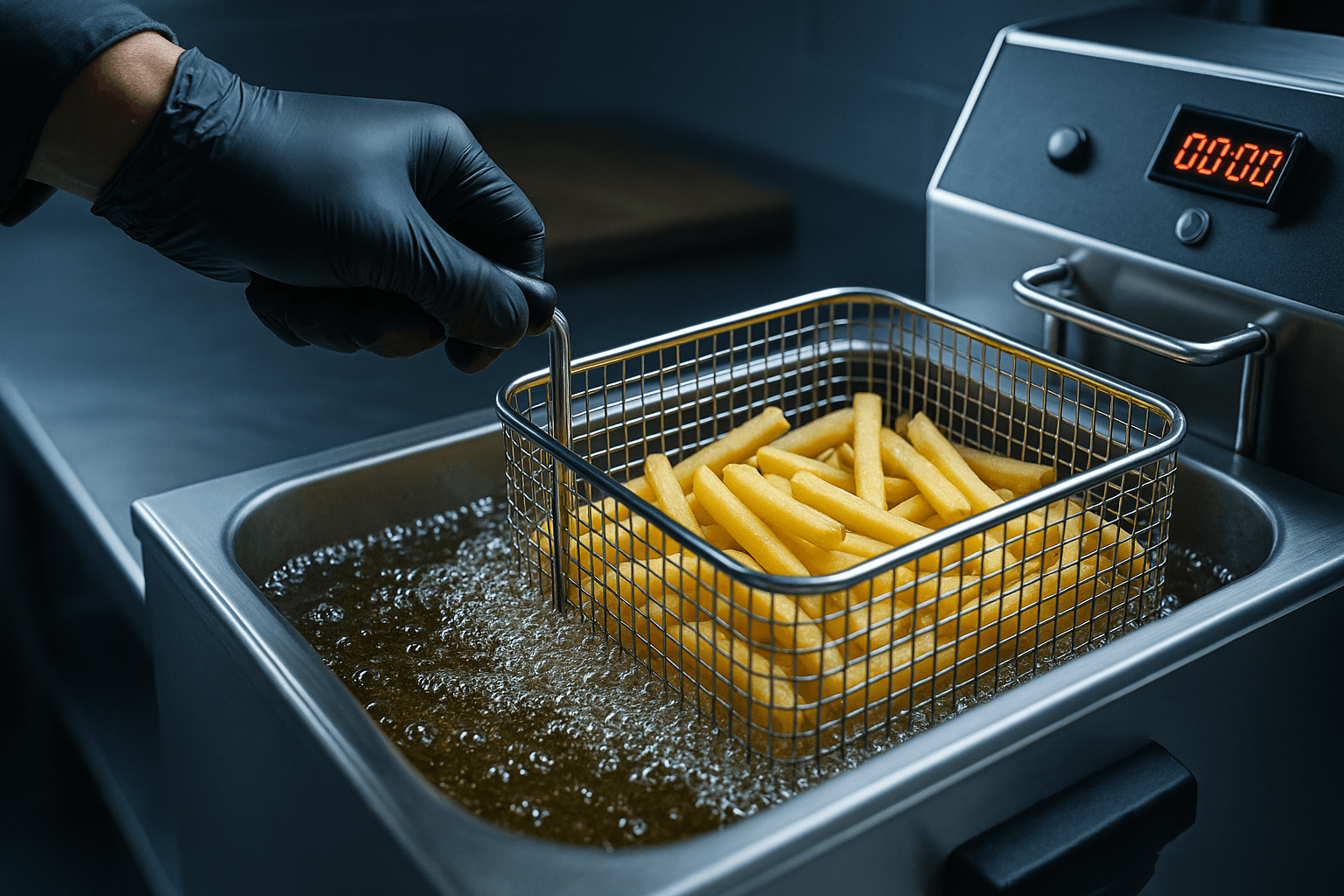 Main gantée plongeant un panier de frites dans une friteuse électrique professionnelle