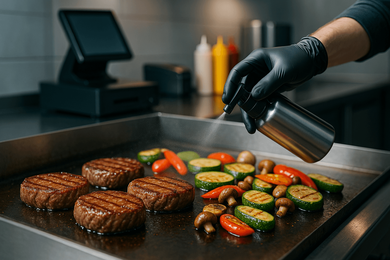 Gros plan sur une plancha pro avec steaks grillés, snack moderne en arrière-plan