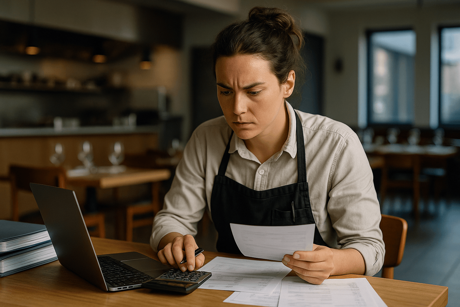 Restaurateur(trice) concentr&eacute;(e) sur ses finances, seul(e) dans un restaurant vide, ambiance r&eacute;siliente