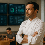 Restaurateur français observant une salle digitalisée, écrans d'IA - 2024
