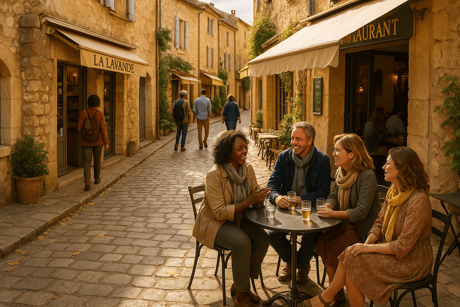 Scène vivante dans un village provençal en septembre, vacanciers variés profitant des derniers jours d’été sur une terrasse ensoleillée.