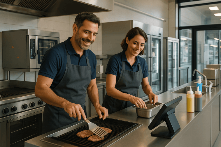 Snack moderne 2025 prêt à ouvrir avec équipements professionnels et gérants souriants