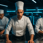 Chef et brigade dans une cuisine professionnelle ultra-moderne, équipements connectés et ambiance dynamique en 2025