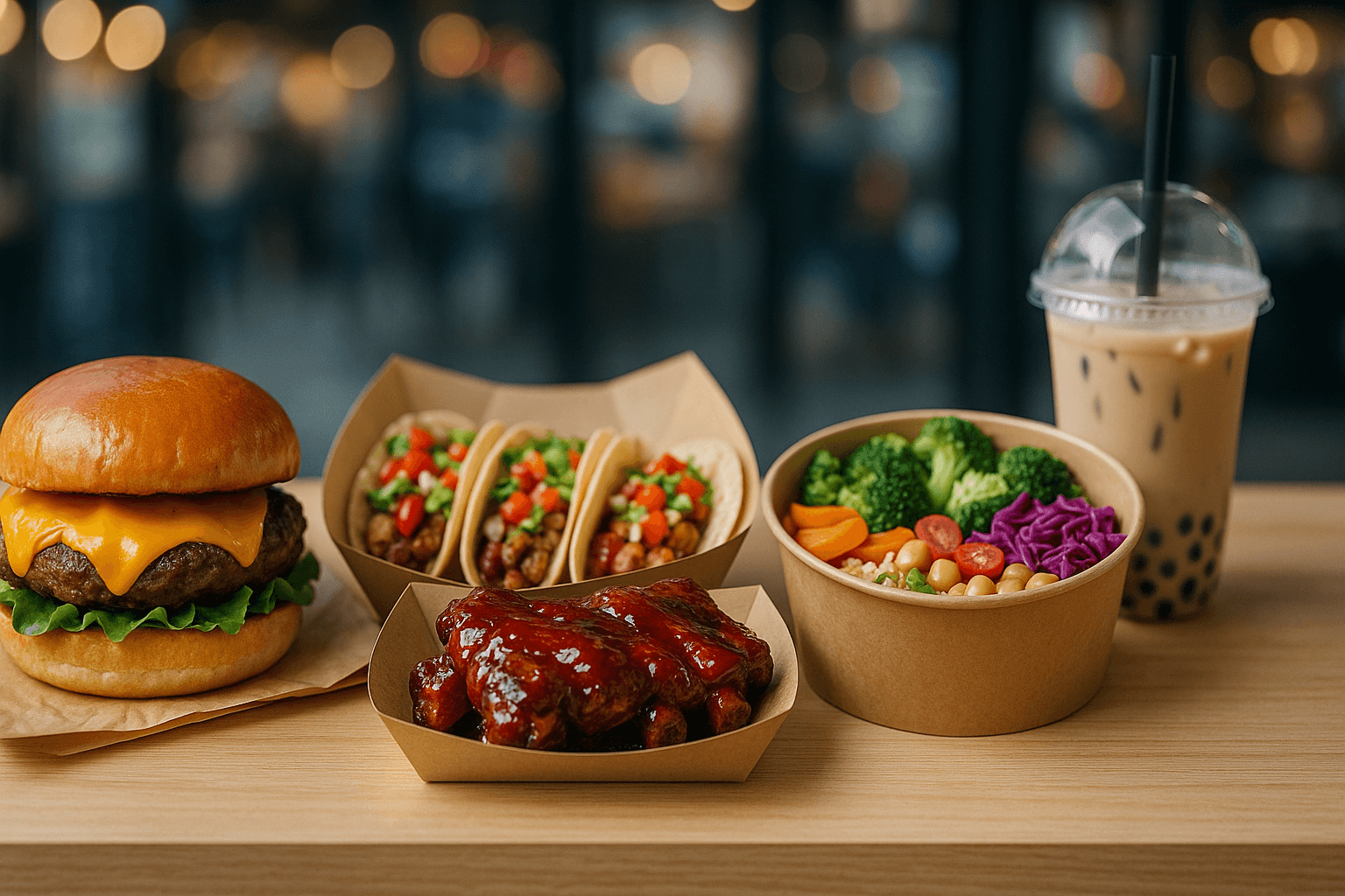 Gros plan sur cinq plats de street food : burger, tacos, barbecue, bowl veggie, bubble tea, style hyperréaliste sur comptoir en bois.