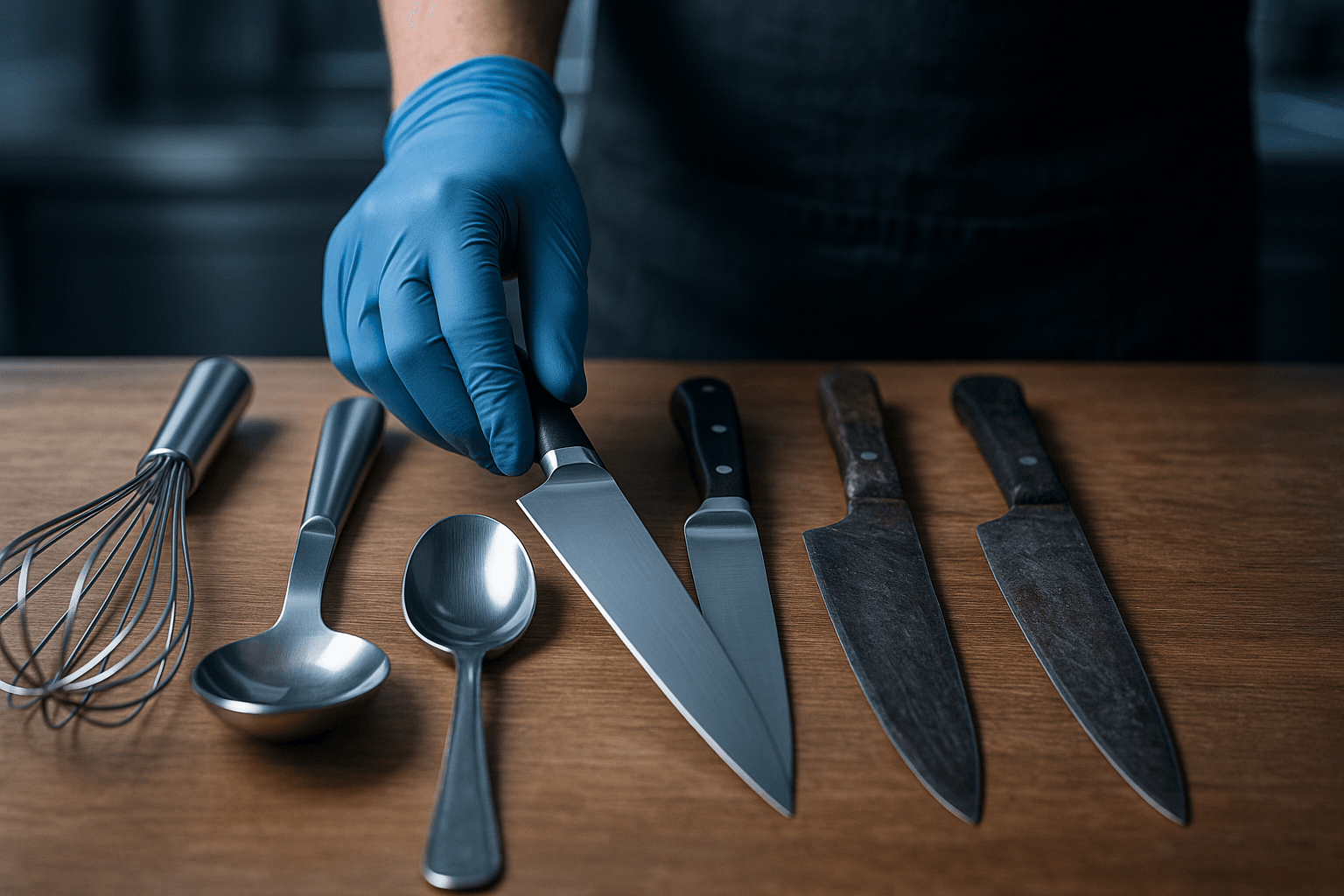 Ustensiles de cuisine neufs et d’occasion sur plan de travail professionnel, comparaison visuelle