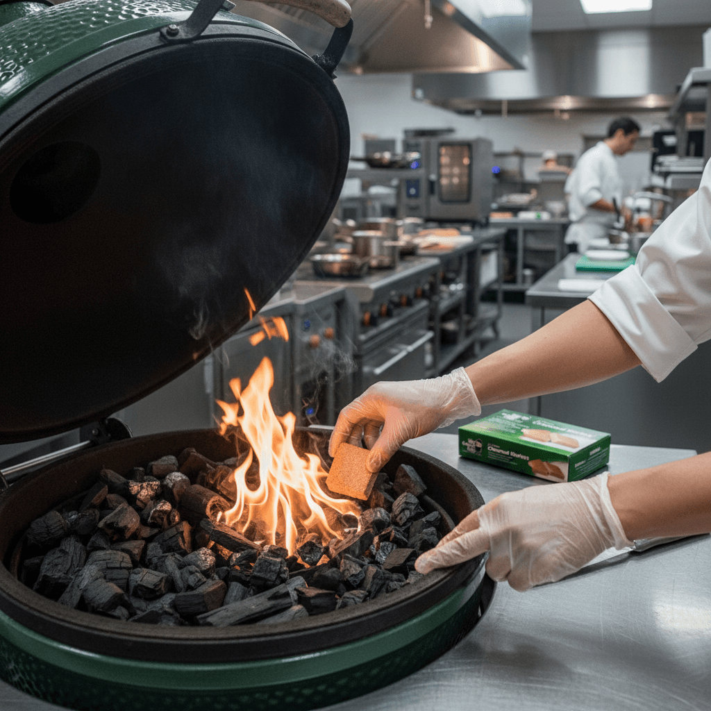 Bloc d'allume-feu Big Green Egg allumé devant un barbecue Kamado, dans une ambiance estivale raffinée
