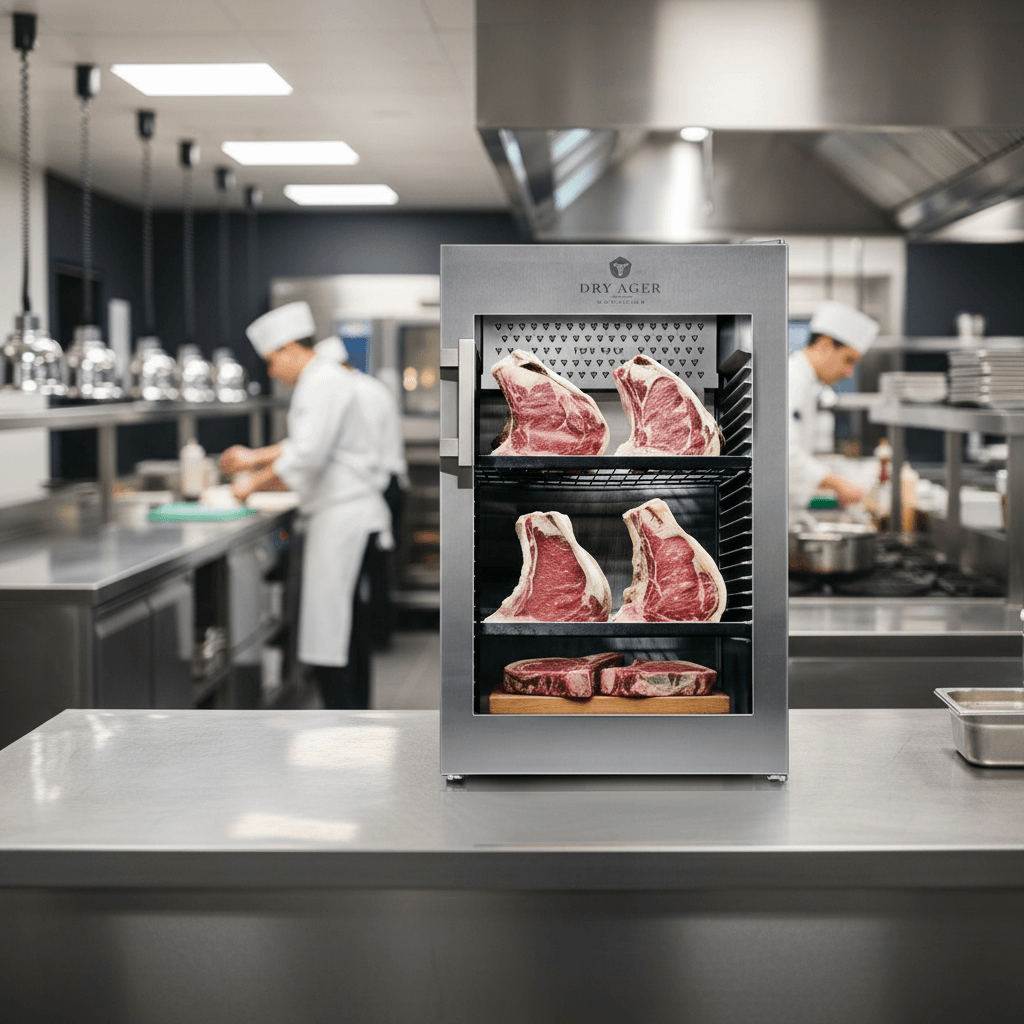 Armoire de maturation Dry Ager DX0500PS dans une boucherie haut de gamme, ambiance premium, viandes maturées exposées, éclairage professionnel.