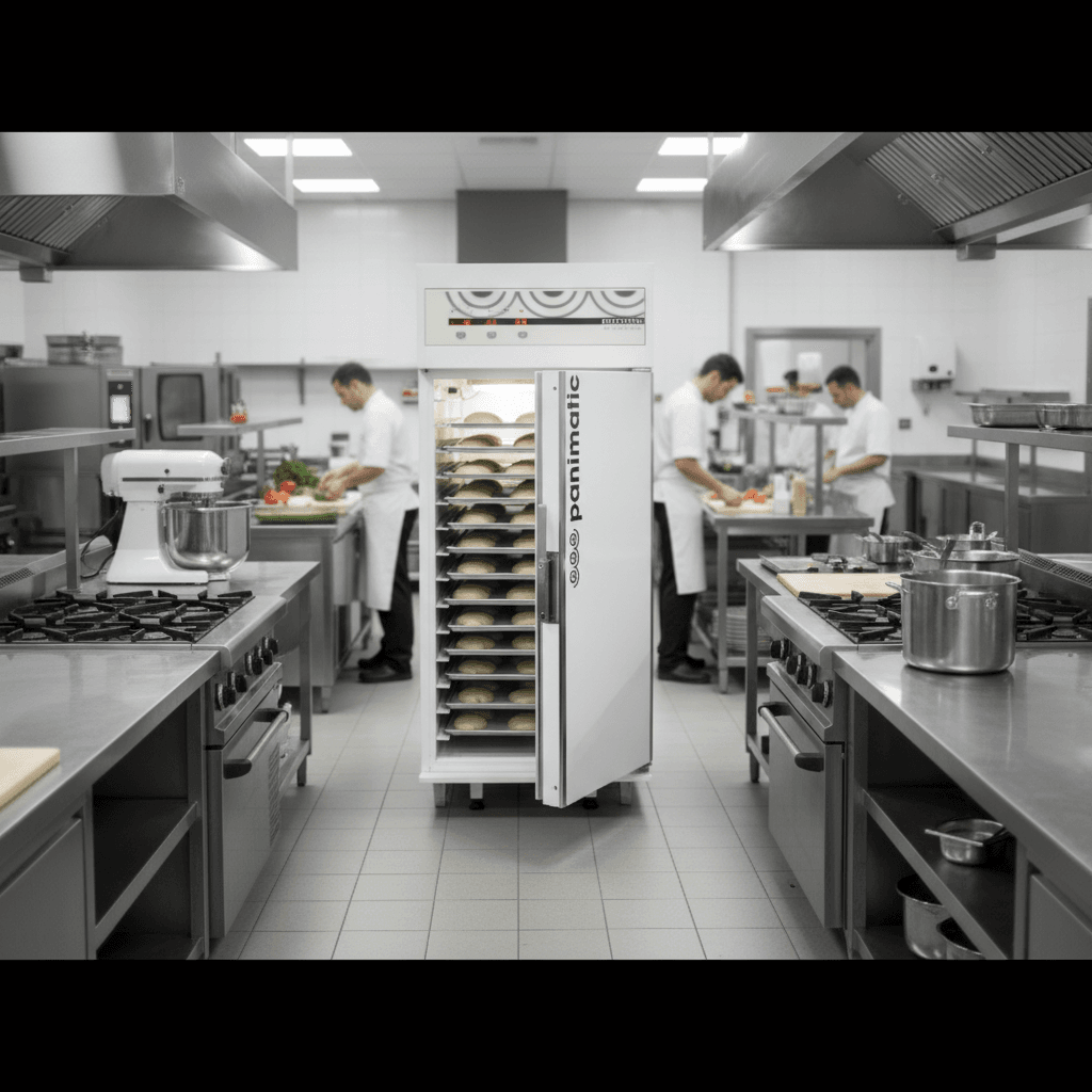 Armoire de fermentation climatisée Panimatic P16 dans un laboratoire de boulangerie moderne, ambiance professionnelle et sérieuse.