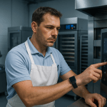 Boulanger-pâtissier moderne dans un atelier équipé de machines innovantes
