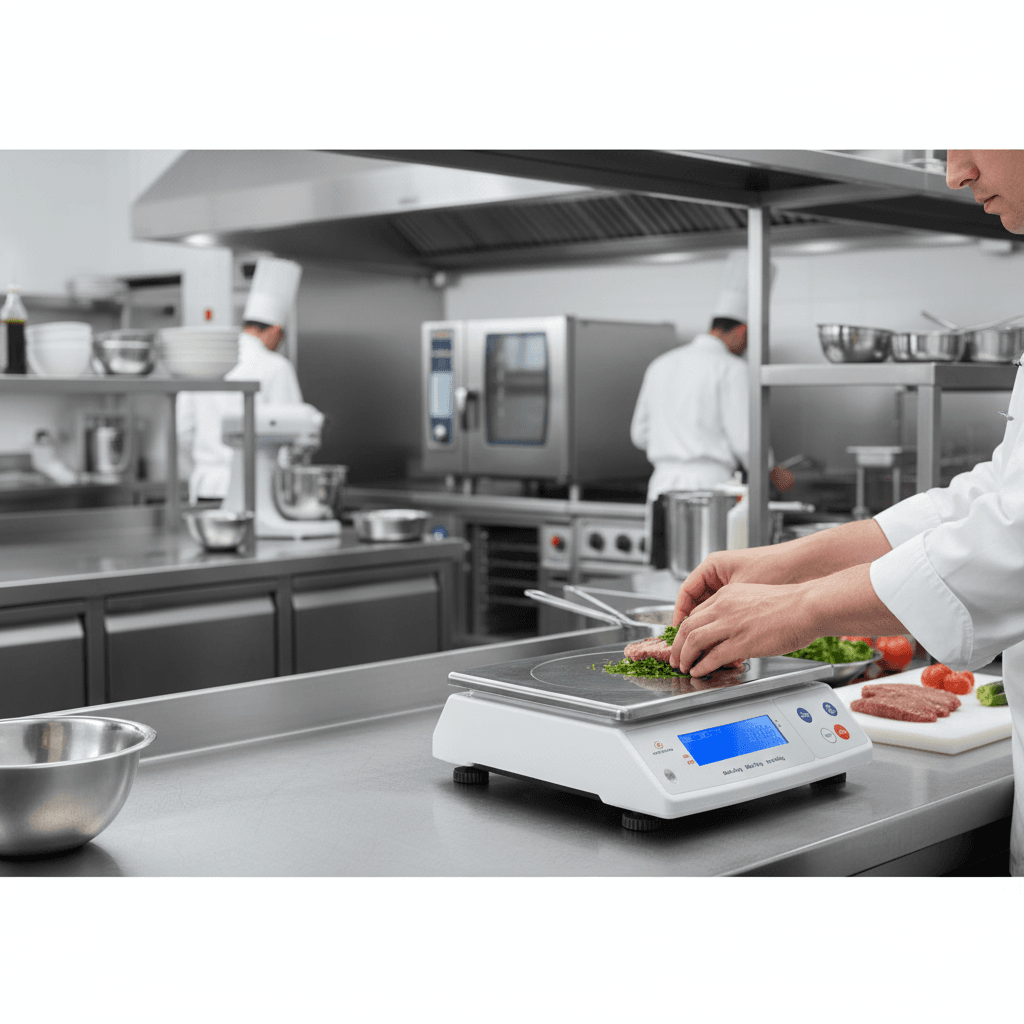 Chef utilisant une balance Louis Tellier 30 kg en cuisine professionnelle
