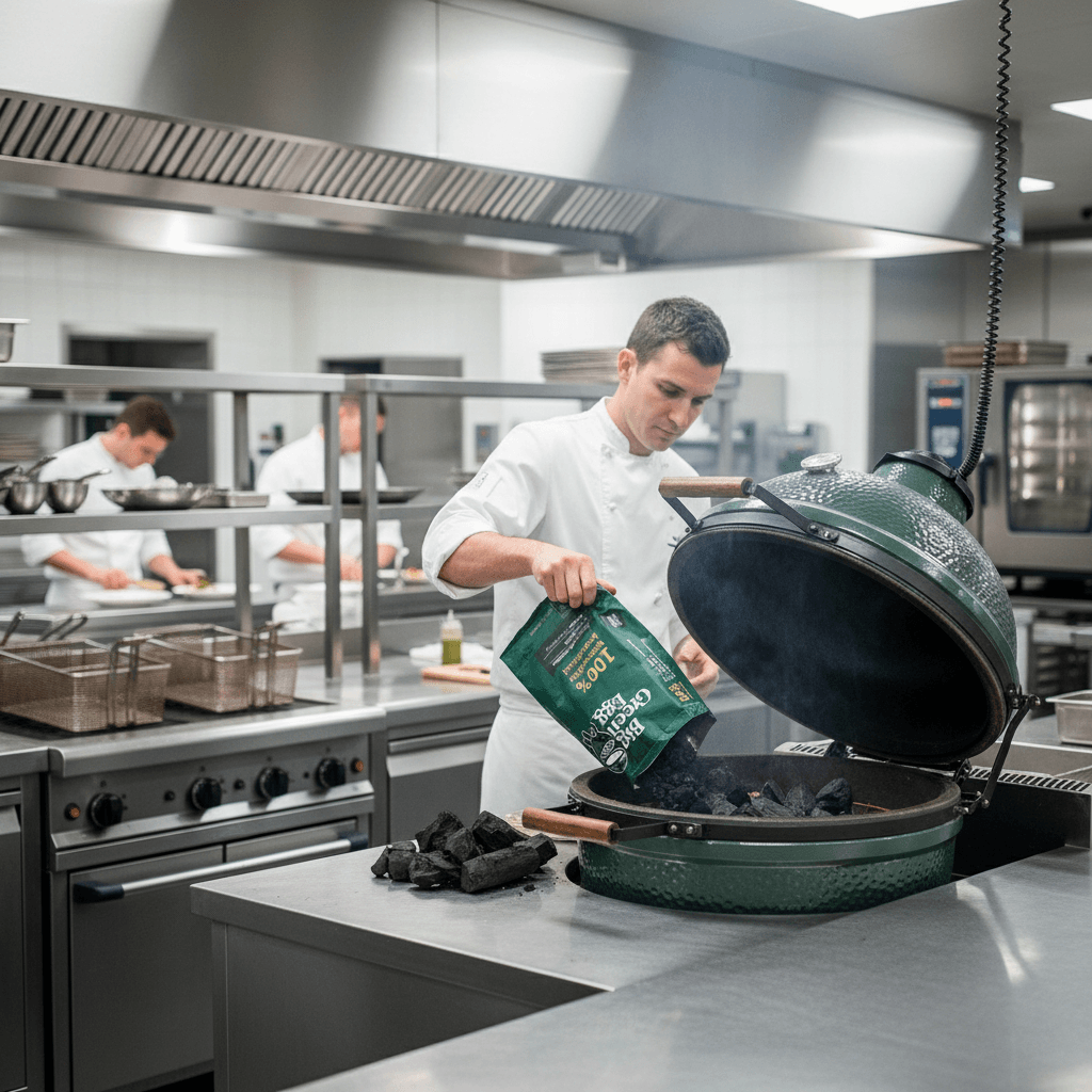 Sac de charbon BGE Big Green Egg ouvert, morceaux XL devant barbecue haut de gamme sur terrasse moderne, ambiance professionnelle.