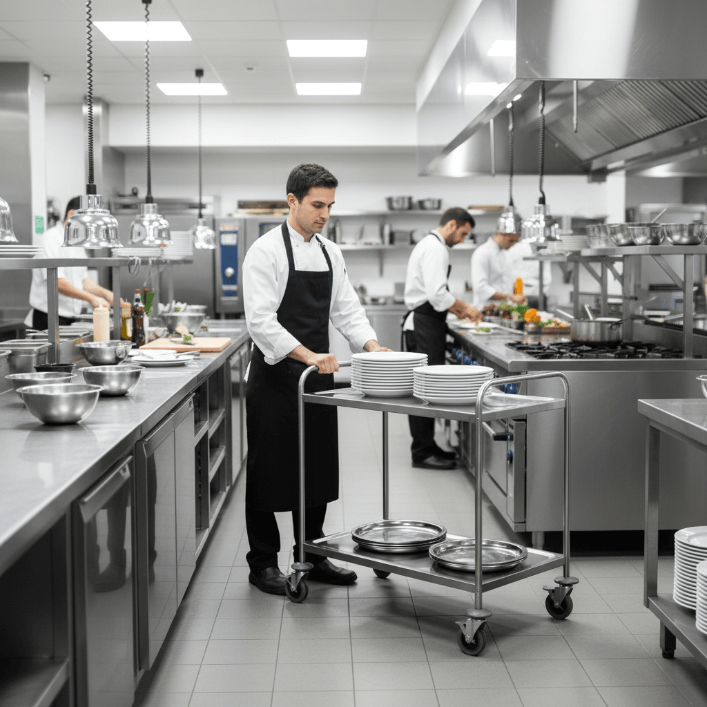 Chariot de service à deux niveaux en inox dans une cuisine professionnelle moderne