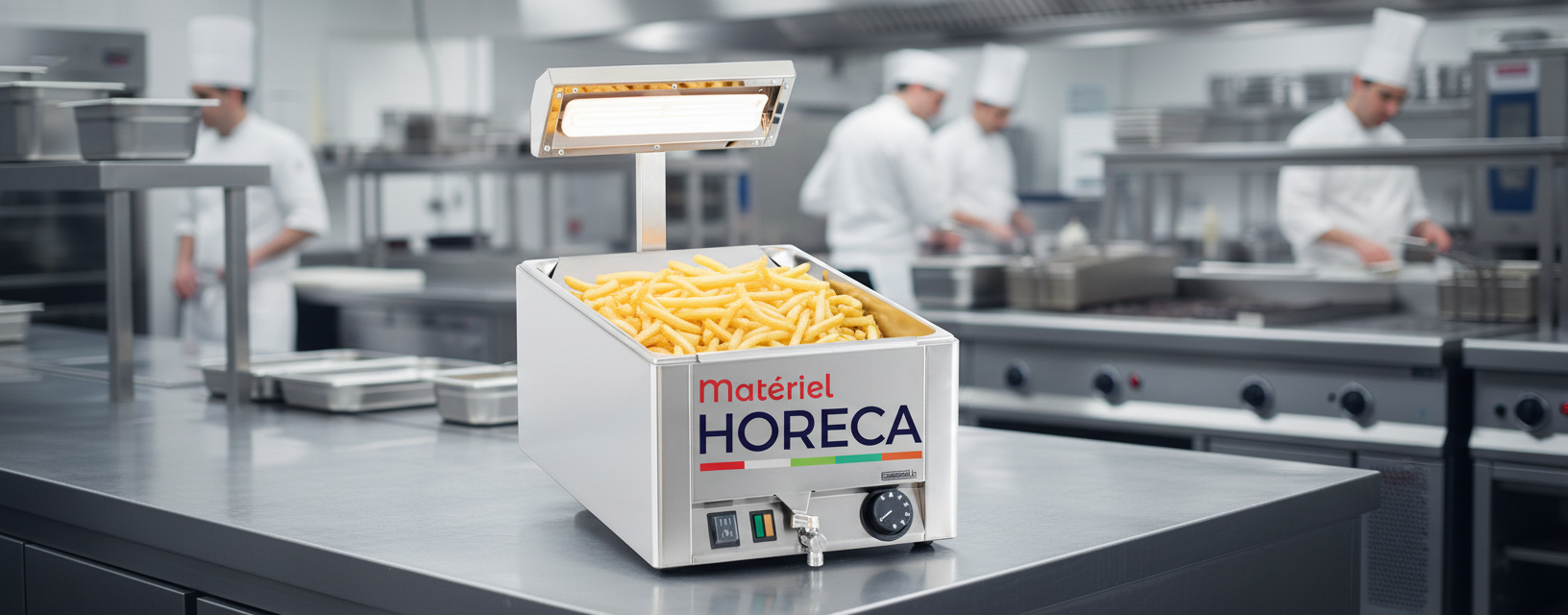 Gros plan photoréaliste d’un chauffe-frites Casselin CCF1 GN 1/1 en inox allumé sur plan professionnel, bac rempli de frites croustillantes.