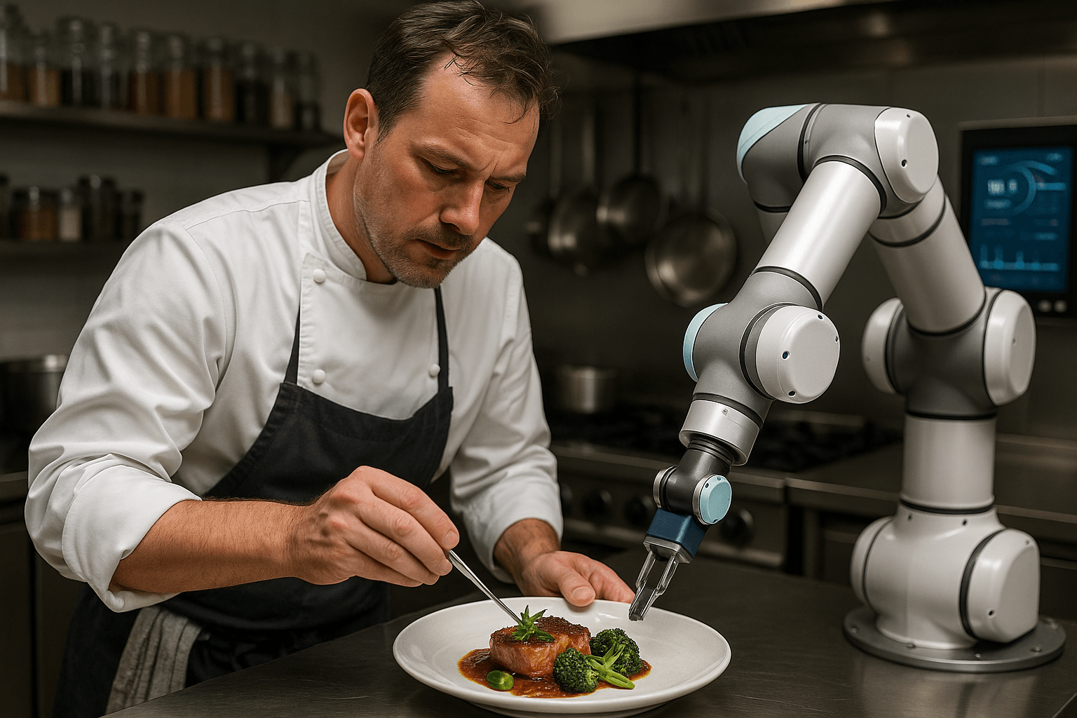 Chef cuisinier et robot collaboratif préparant un plat en cuisine professionnelle, ambiance innovation.