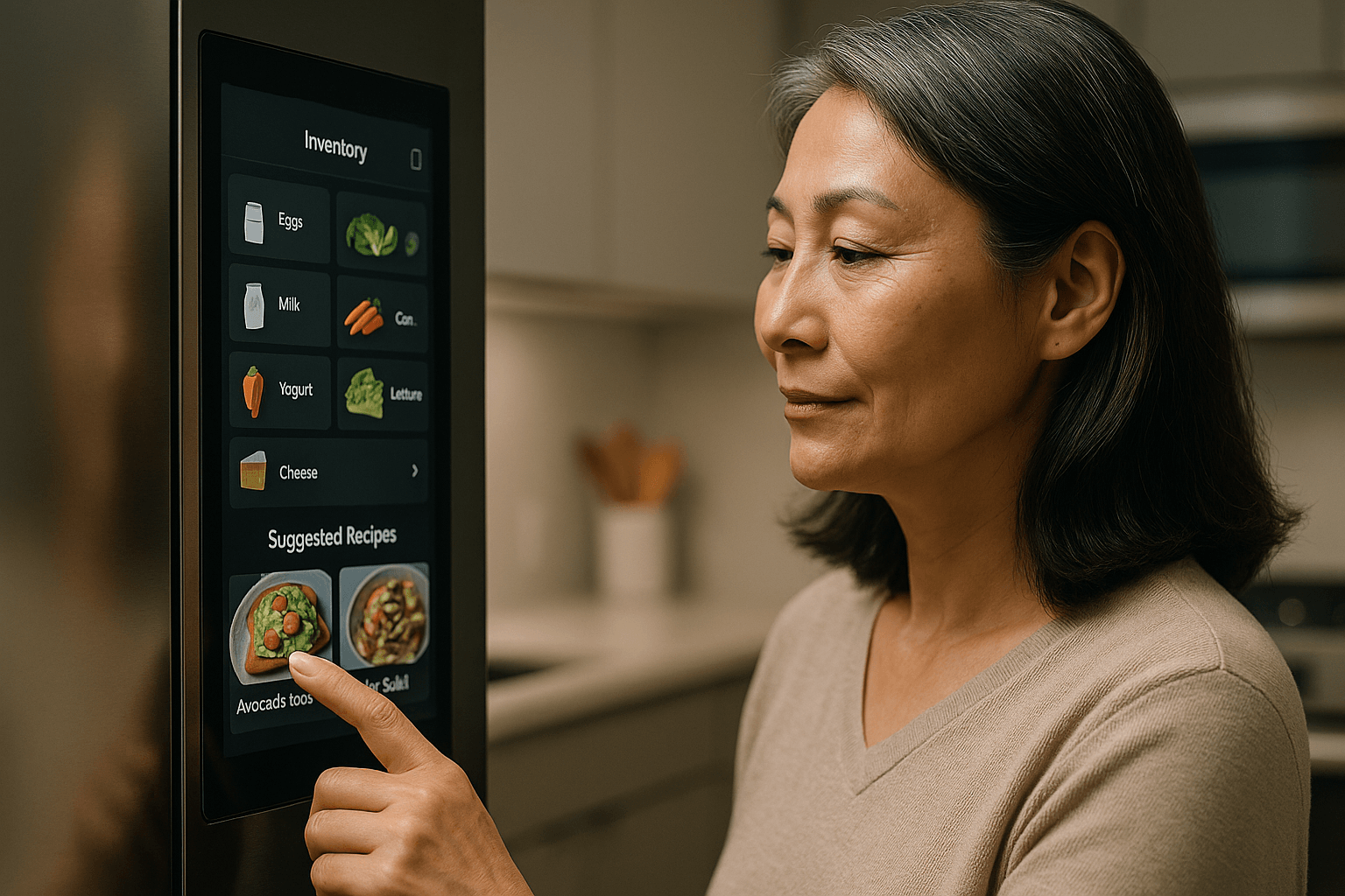 Main effleurant écran tactile de réfrigérateur connecté affichant inventaire alimentaire et recettes, cuisine moderne en arrière-plan